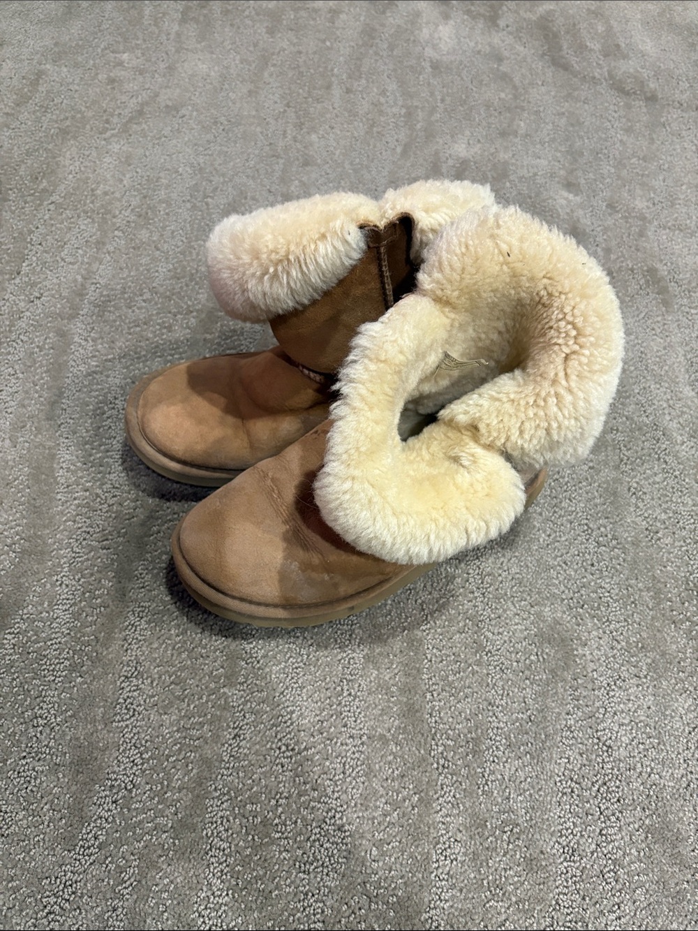 Suede UGG Shearling Fold-Over Boots in Chestnut size 6